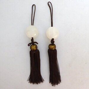 9.75” DECORATIVE ACCENT BROWN GOLD WHITE GLASS MARBLE TOPPED CORD RIBBON TASSEL
